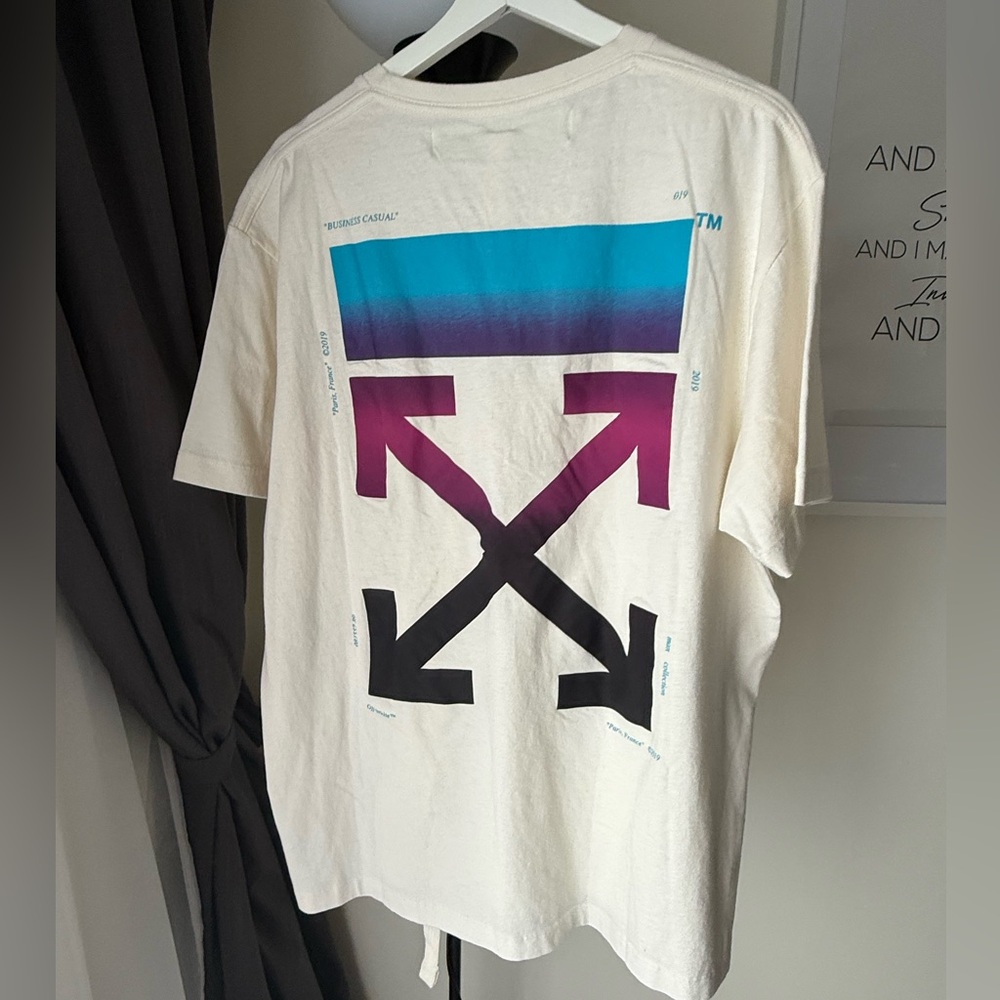 Off-White White Tee with Blue-to-Purple Gradient Arrow Print